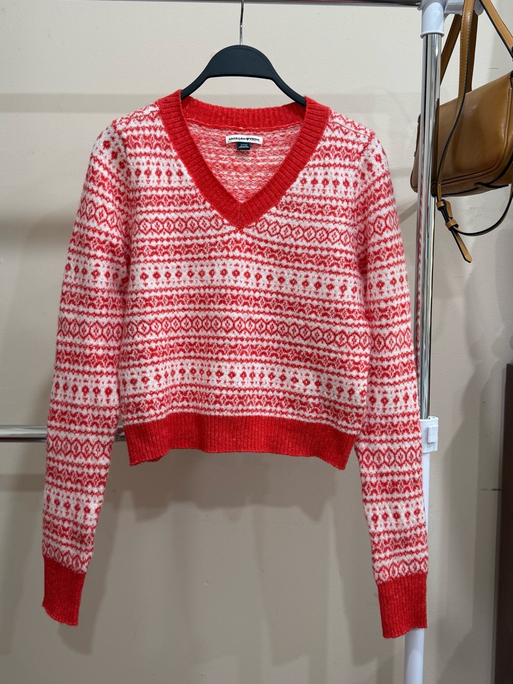 American Eagle Red White Fair Isle V-Neck Sweater Size S